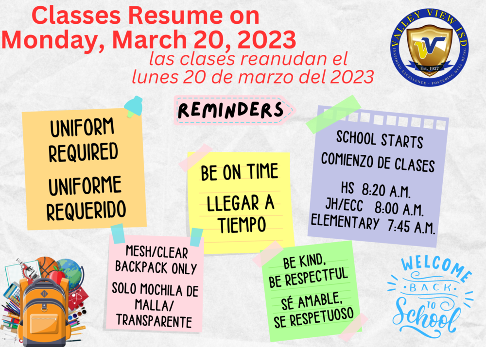 Classes Resume on Monday, March 20, 2023